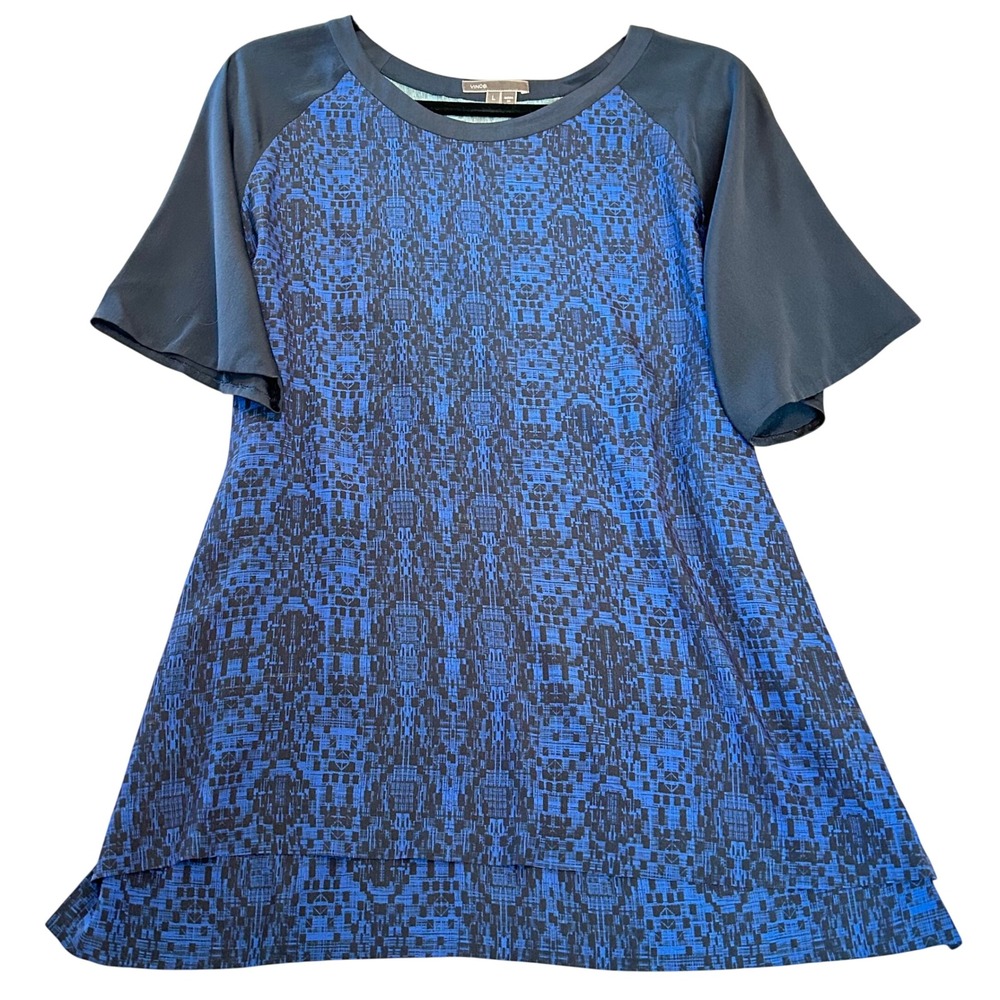 Vince 100% Silk Blouse Tee Womens Luxury Blue Black Print Short Sleeve Top Large